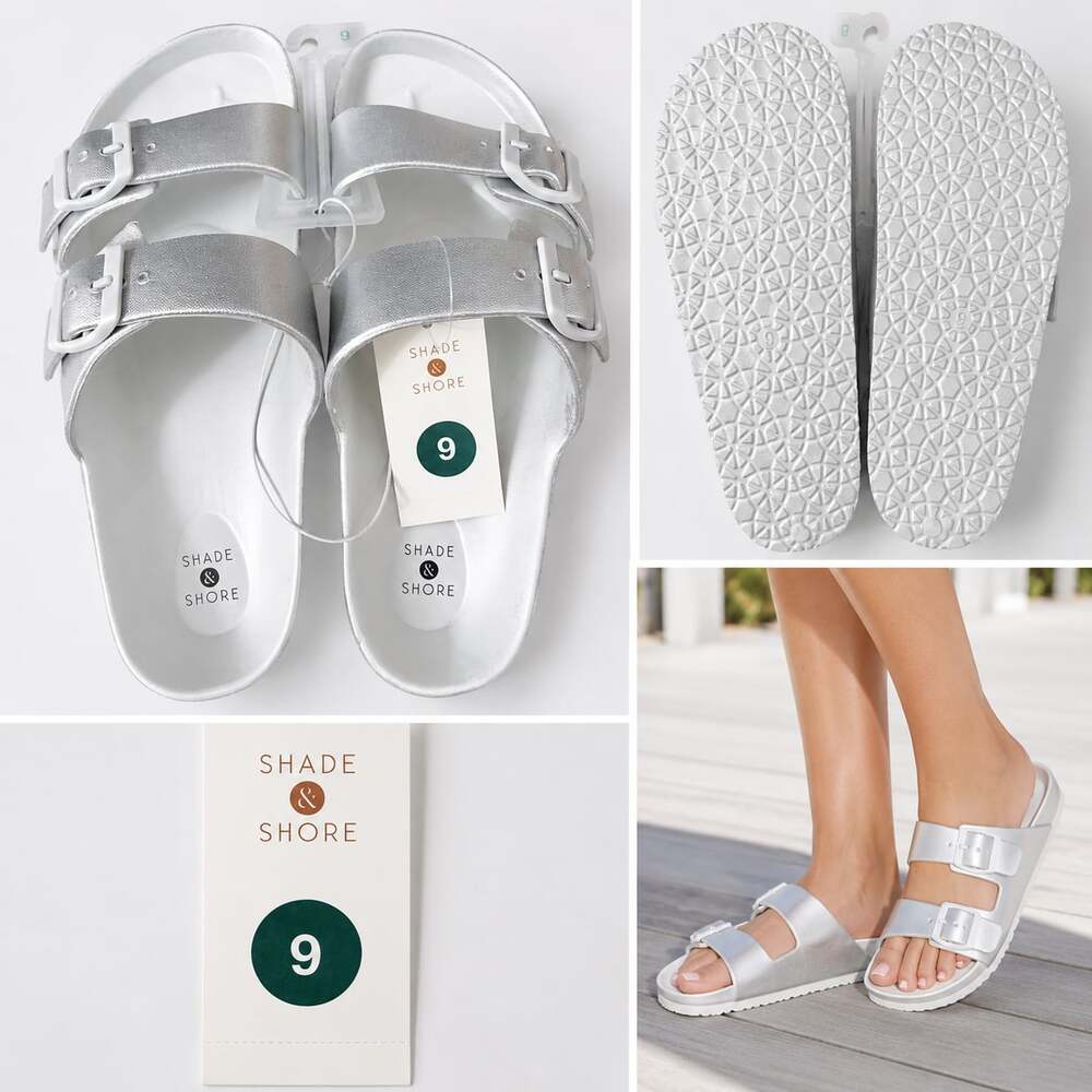 Shade & Shore Women's Neida EVA Two Band Footbed Slide Sandals Silver Size 9